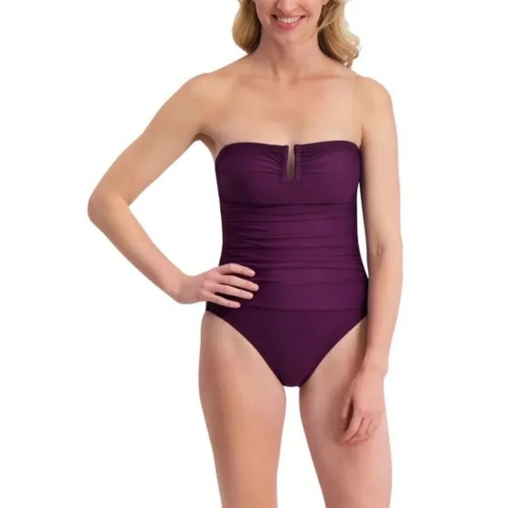 NWT DKNY Women Purple Ruched Convertible One Piece Swimsuit Tummy Control Medium - Picture 2 of 6
